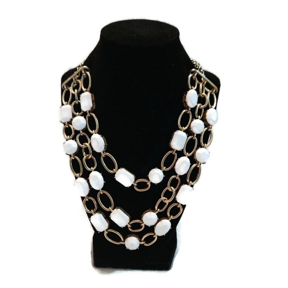 Three-Tiered Gold Tone Cable Chain With White Crystal Stones Women's Necklace